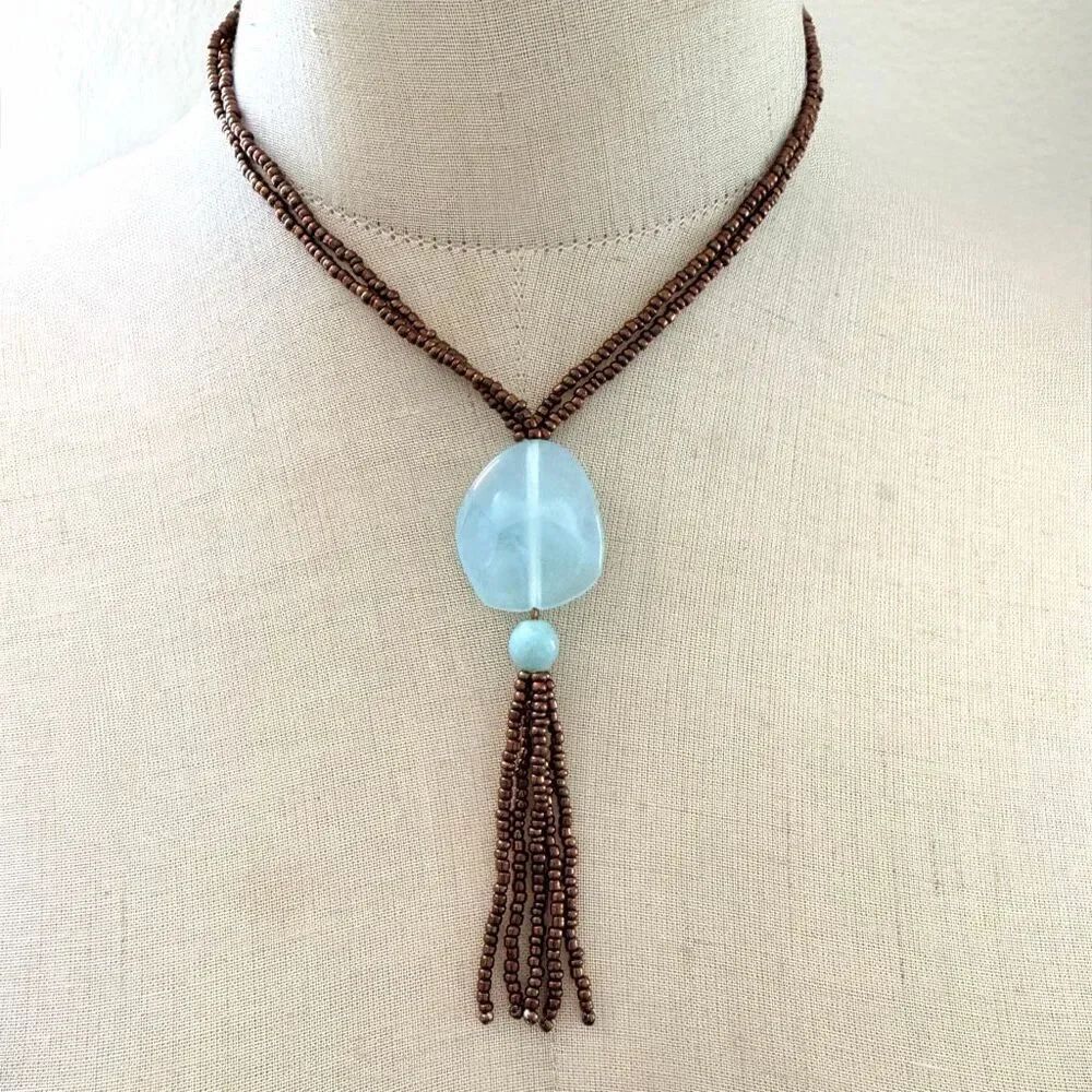 Cookie Lee Aqua Pendant Beaded Tassel Necklace Boho Statement